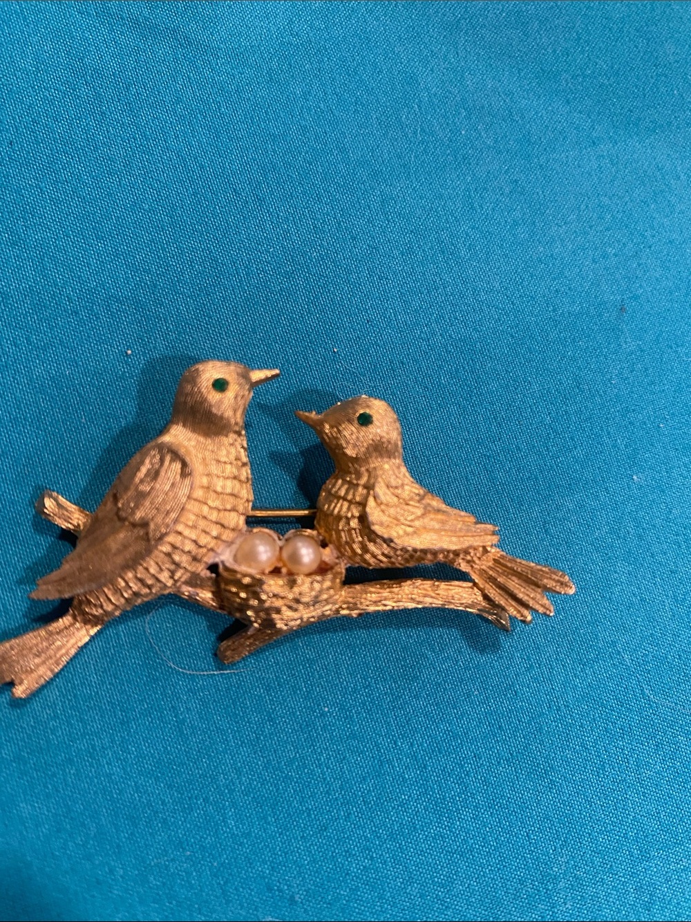 Gold-Tone Bird Couple Brooch with Pearl Eggs